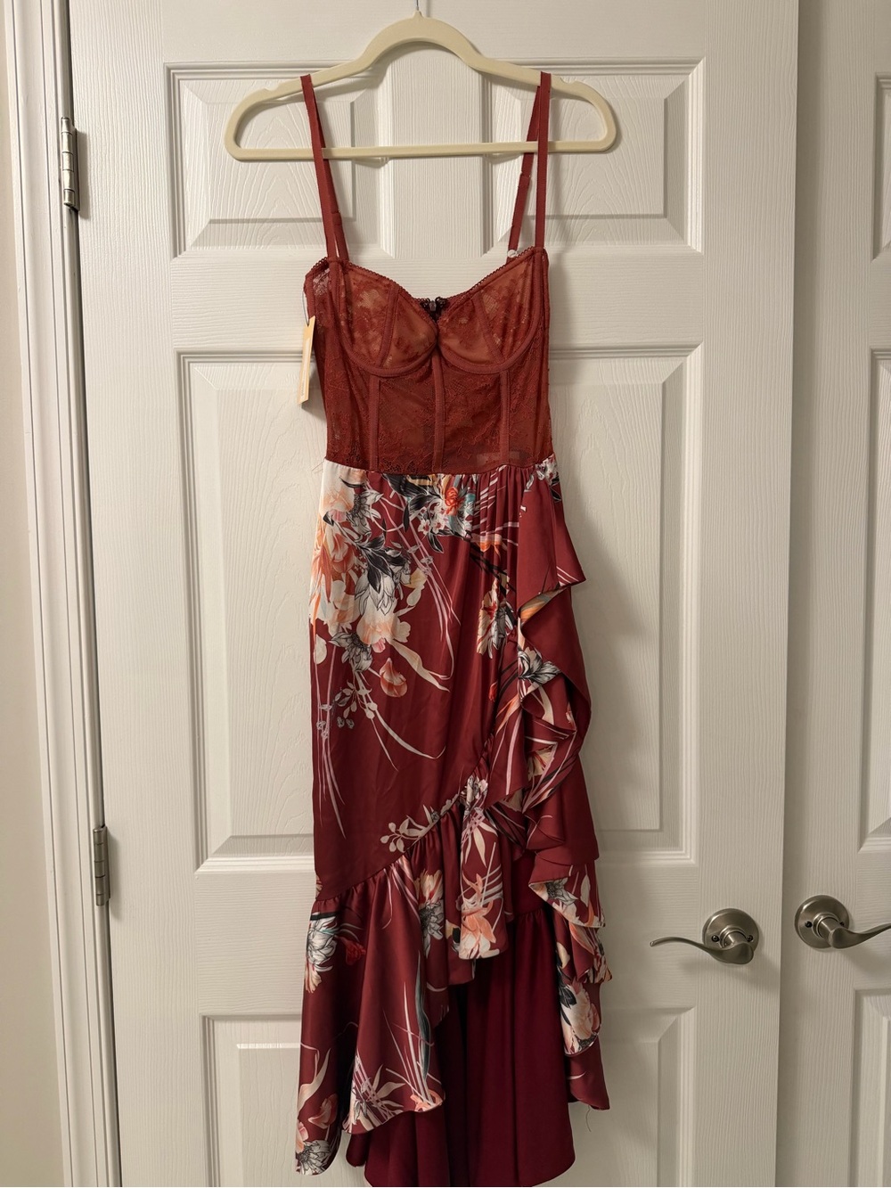 Katie May Take A Sip Burgundy Floral Corset Ruffle Dress Small NWT